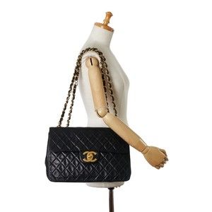 CHANEL Matelasse Coco Mark Double Flap Chain Bag Black Lambskin